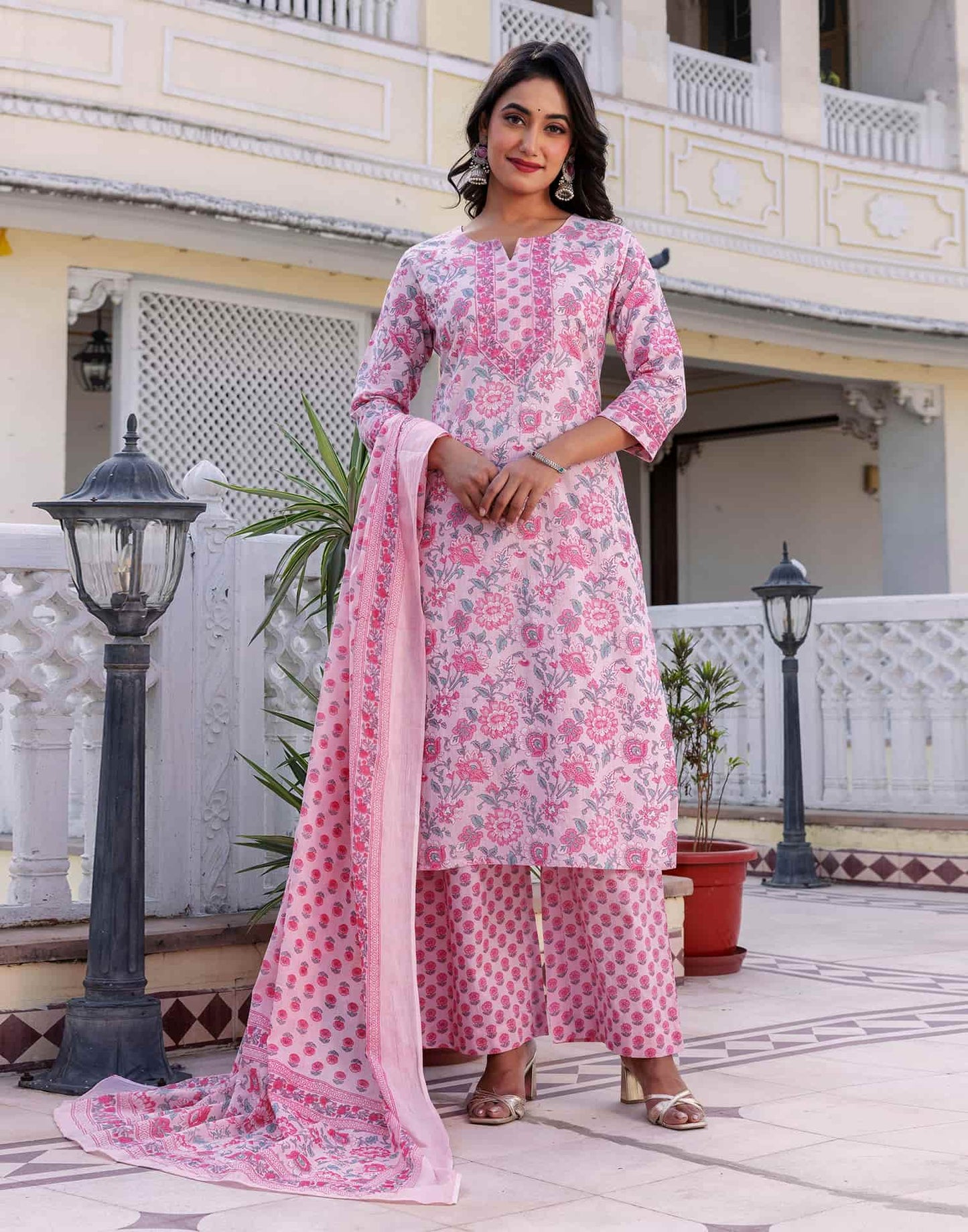 Cotton Printed A-Line Kurta with Pant & Dupatta