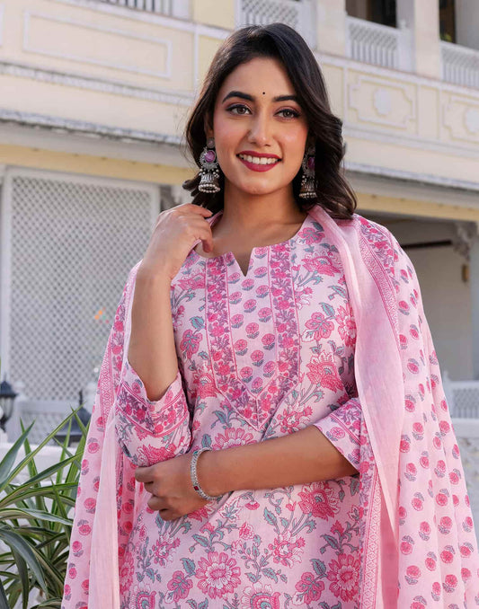Cotton Printed A-Line Kurta with Pant & Dupatta