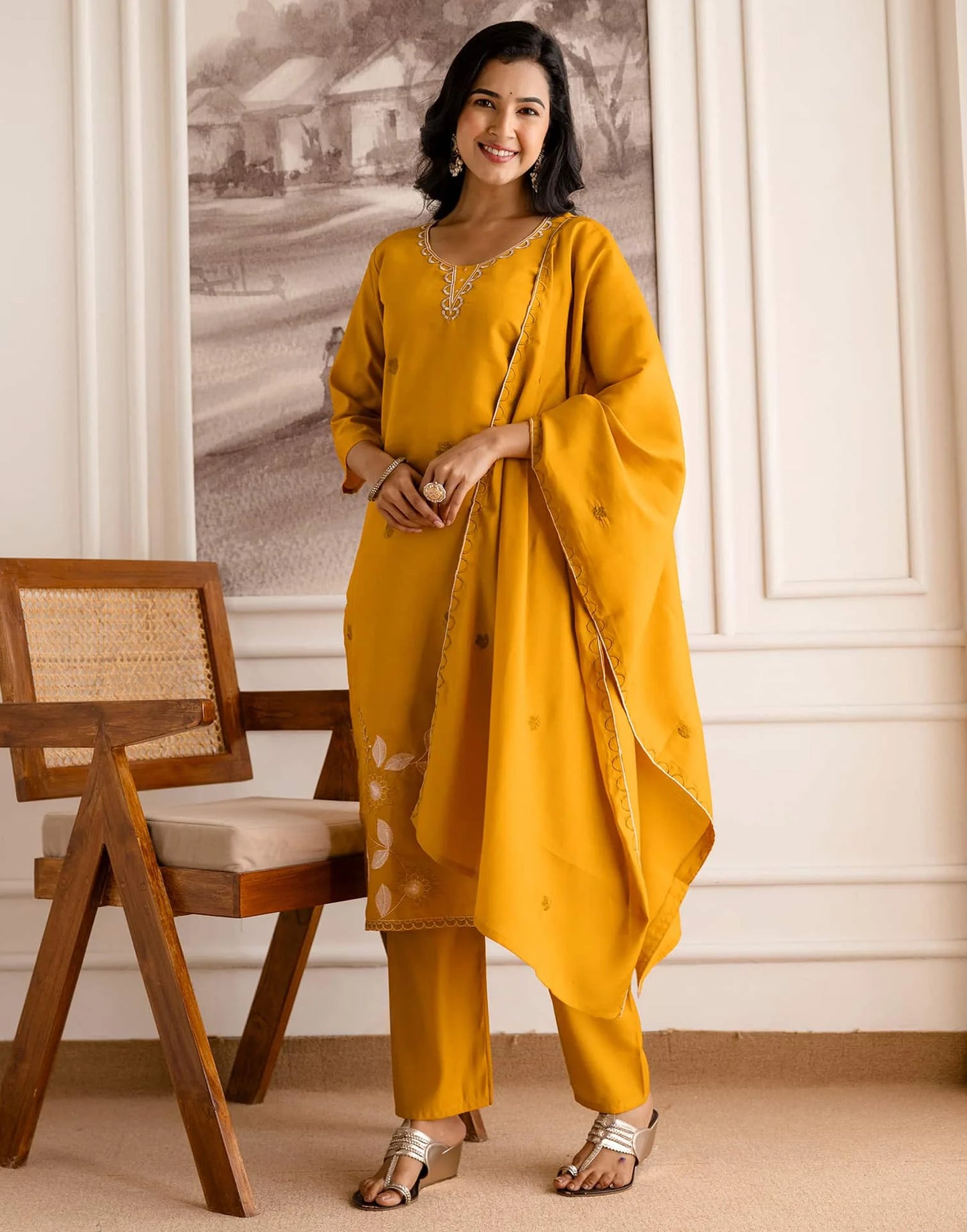 Silk Blend Embroidered Straight Kurta with Pant & Dupatta