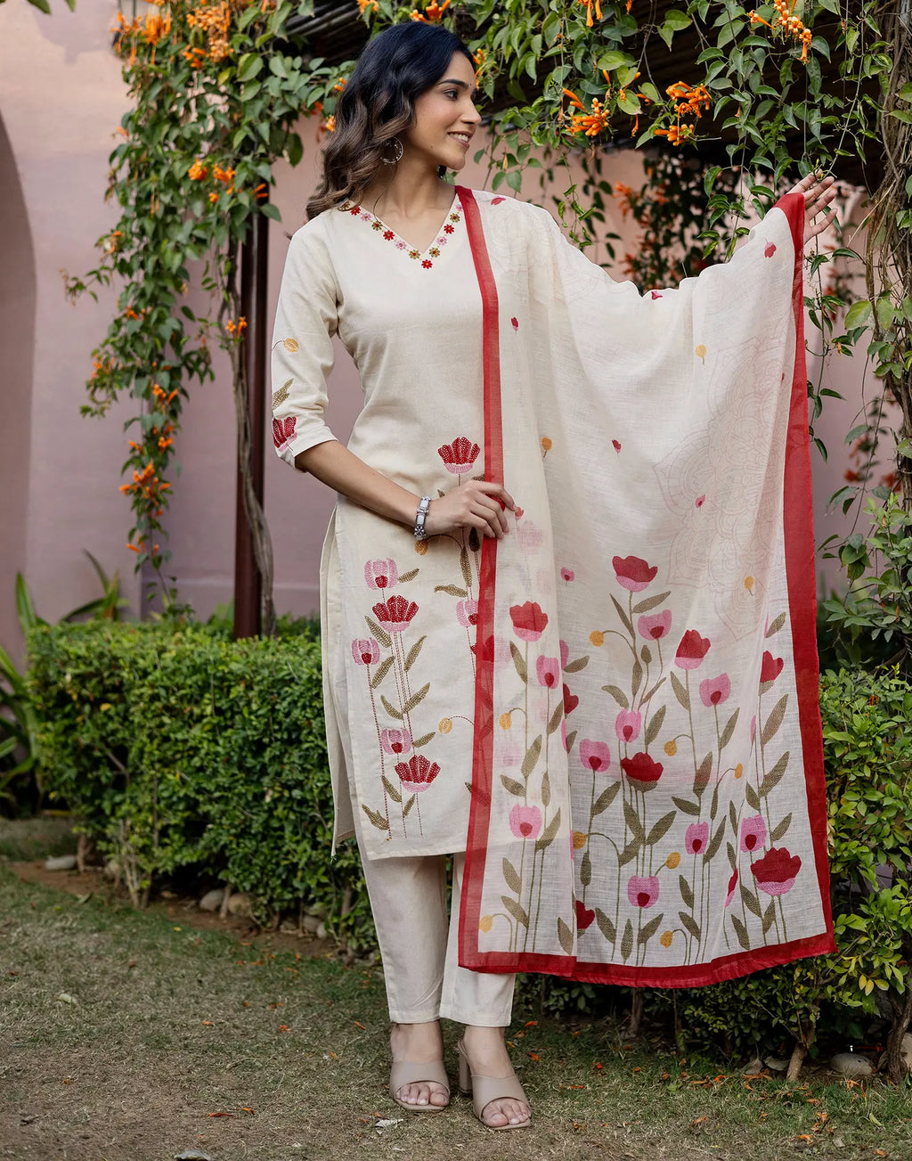 Skylee Cotton Embroidered Straight 3 Piece Kurta Set For Woman
