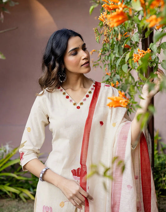 Cotton Embroidered Straight 3 Piece Kurta Set