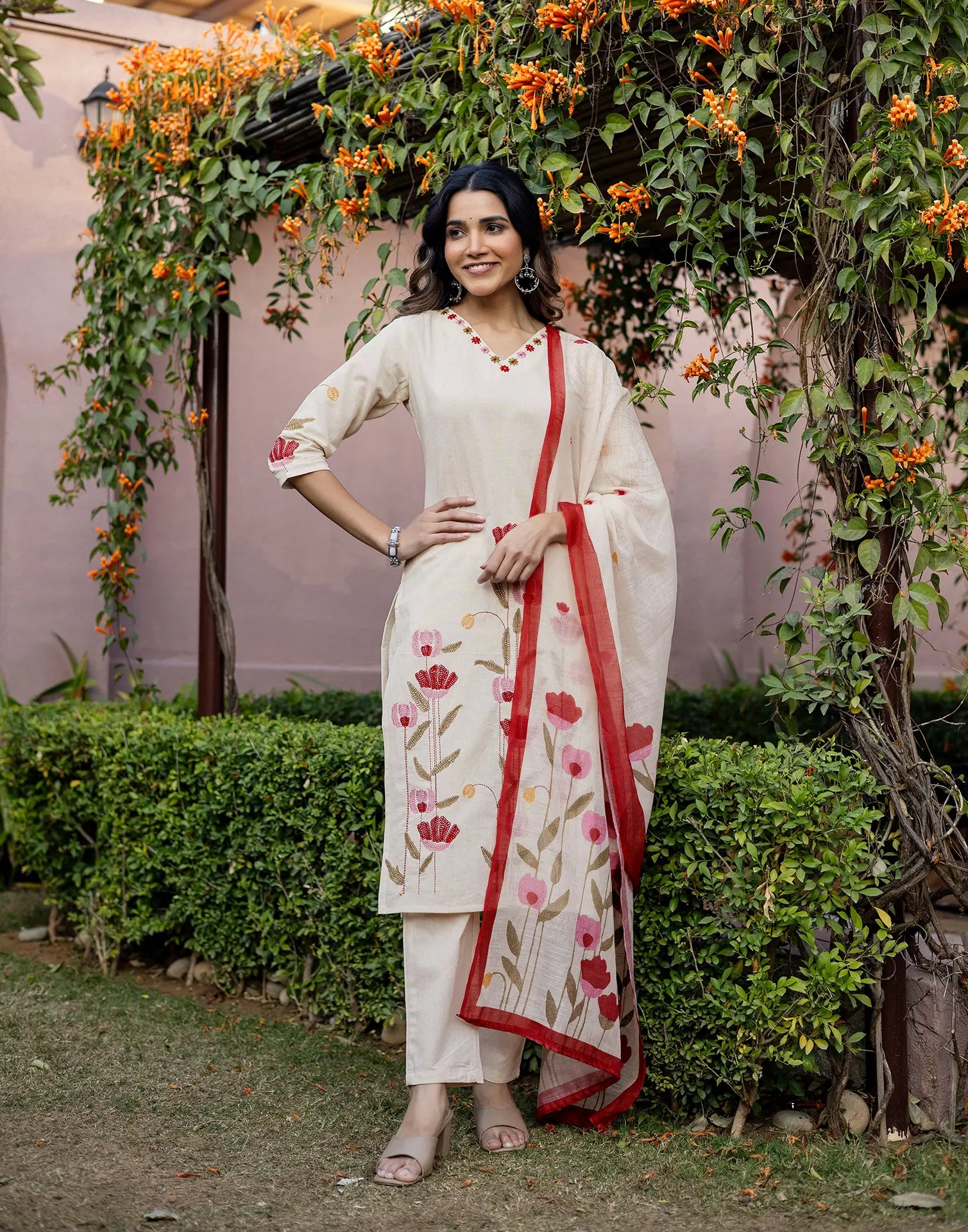 Skylee Cotton Embroidered Straight 3 Piece Kurta Set For Woman