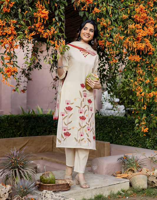 Cotton Embroidered Straight 3 Piece Kurta Set