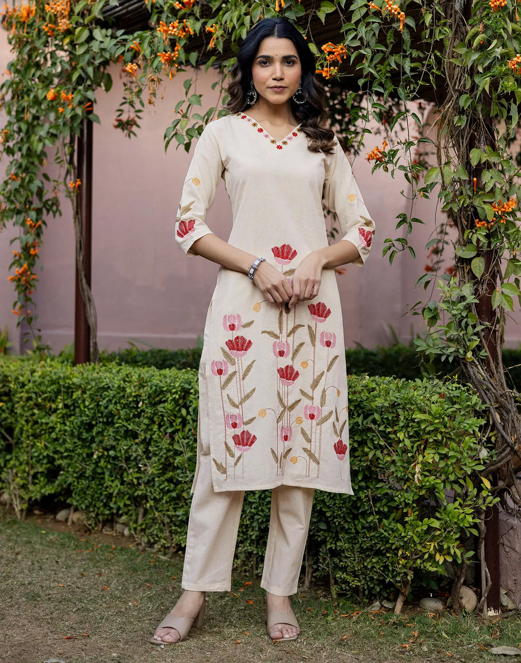 Skylee Cotton Embroidered Straight 3 Piece Kurta Set For Woman