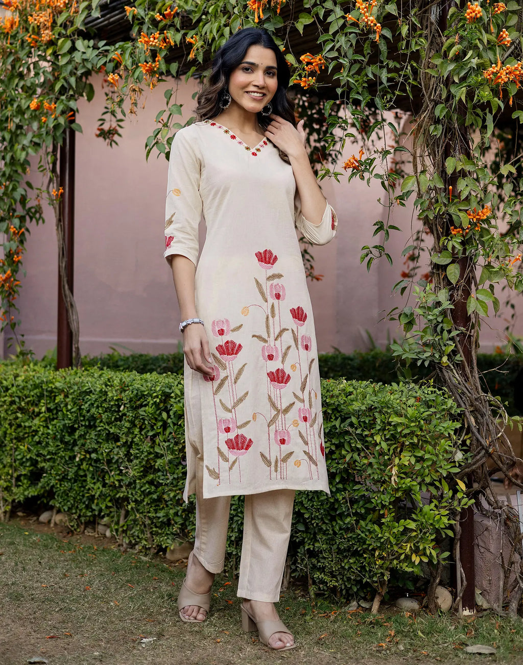 Skylee Cotton Embroidered Straight 3 Piece Kurta Set For Woman