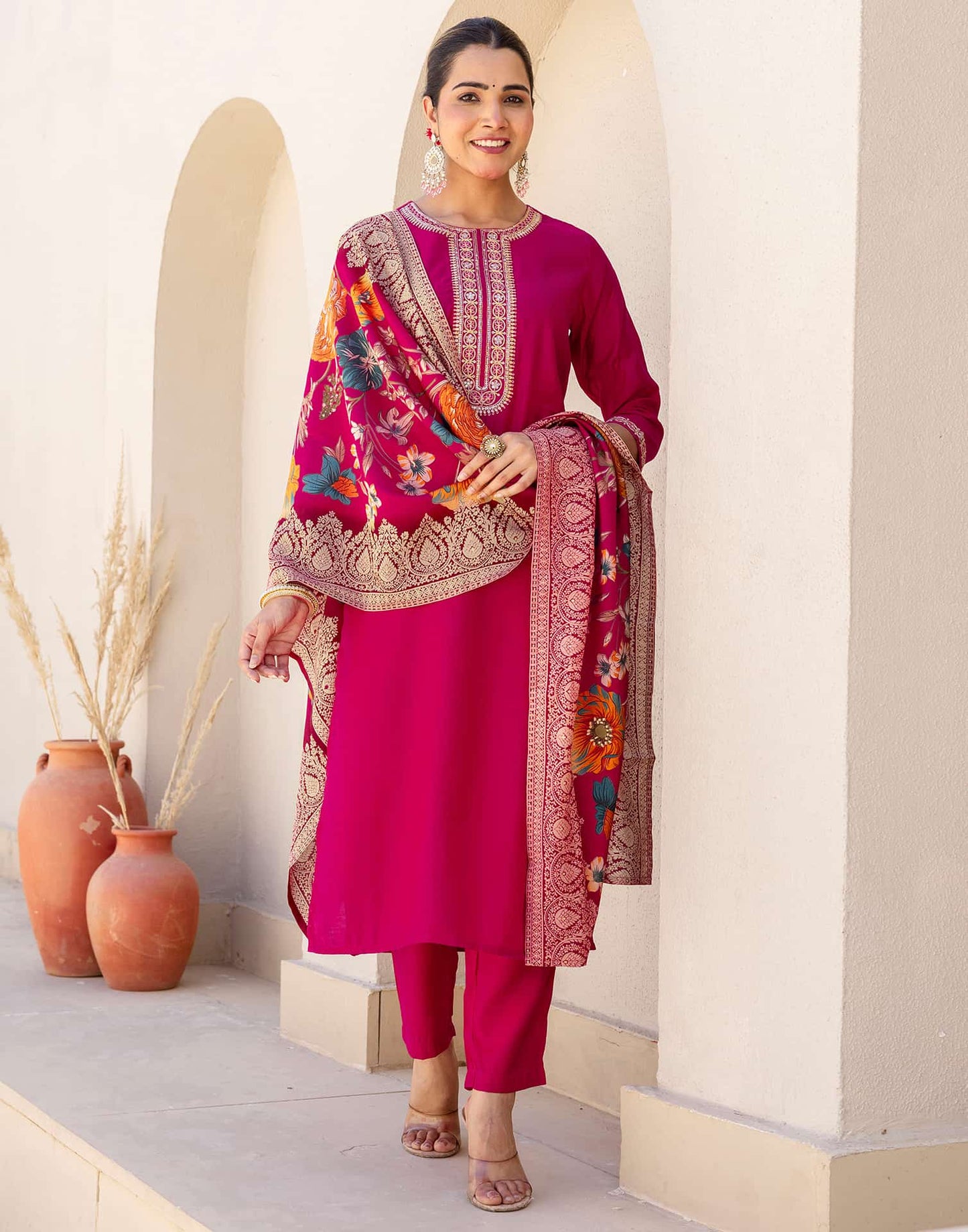 Silk Blend Embroidery and Sequins Work Straight Kurta with Pant & Dupatta