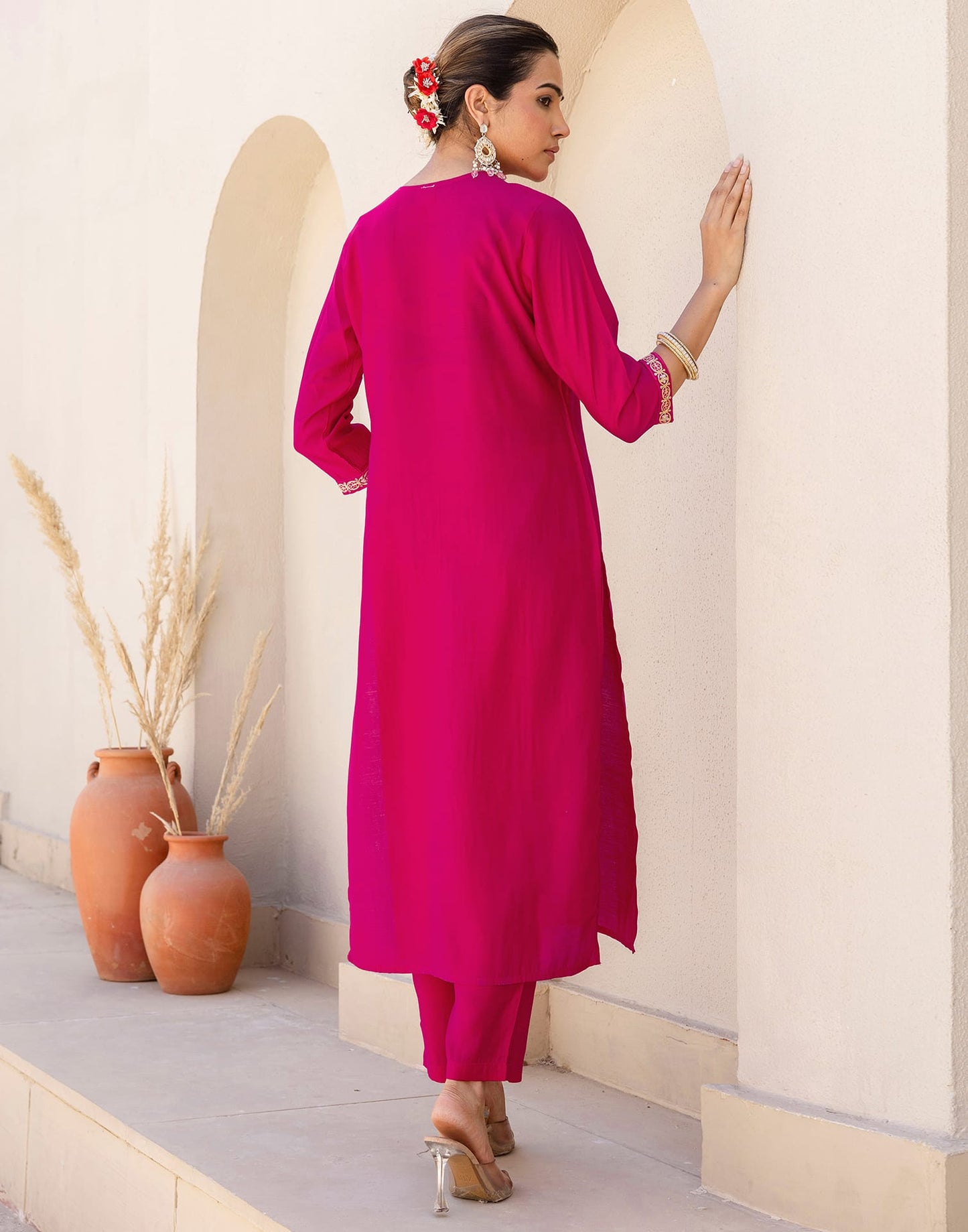 Silk Blend Embroidery and Sequins Work Straight Kurta with Pant & Dupatta
