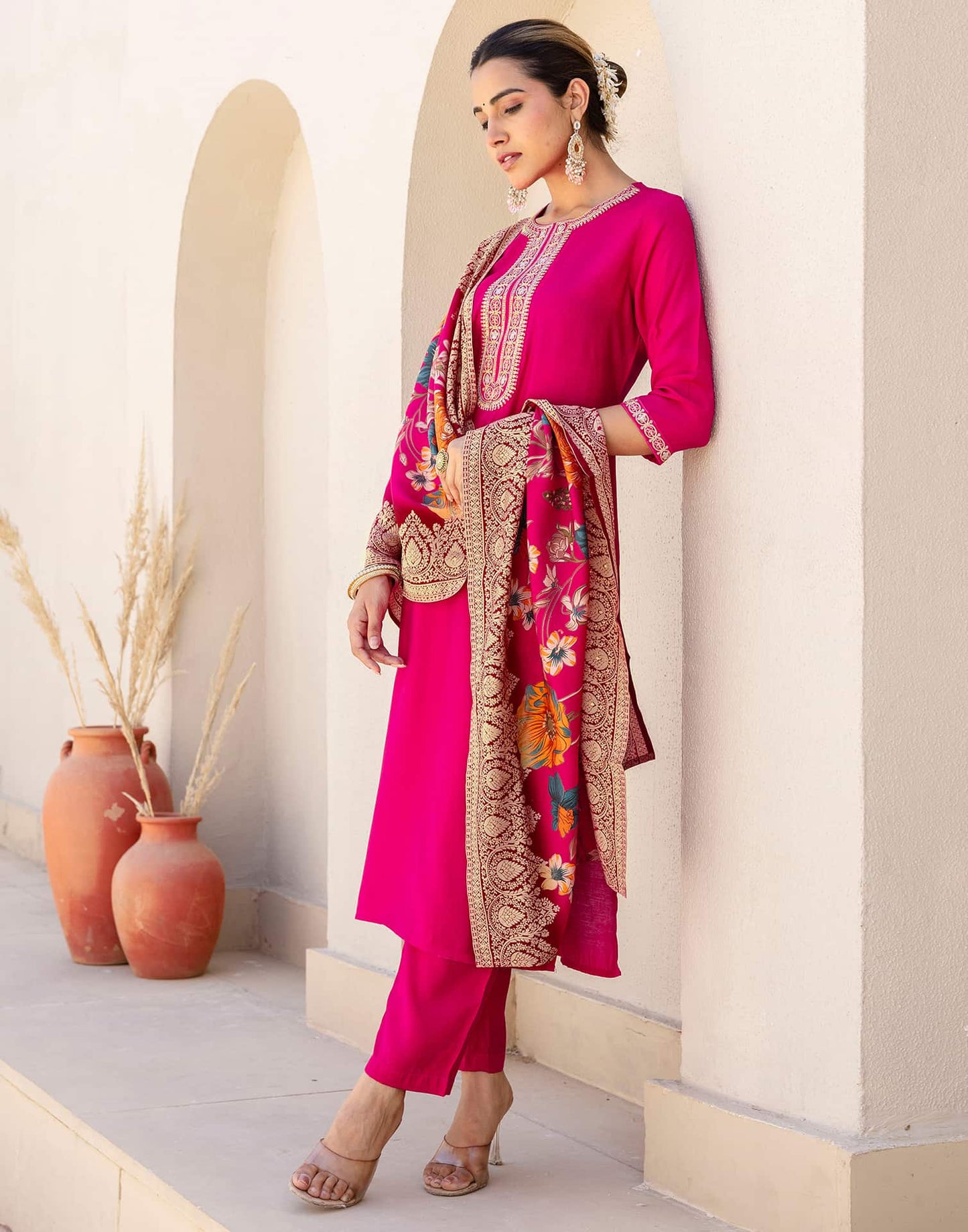 Silk Blend Embroidery and Sequins Work Straight Kurta with Pant & Dupatta