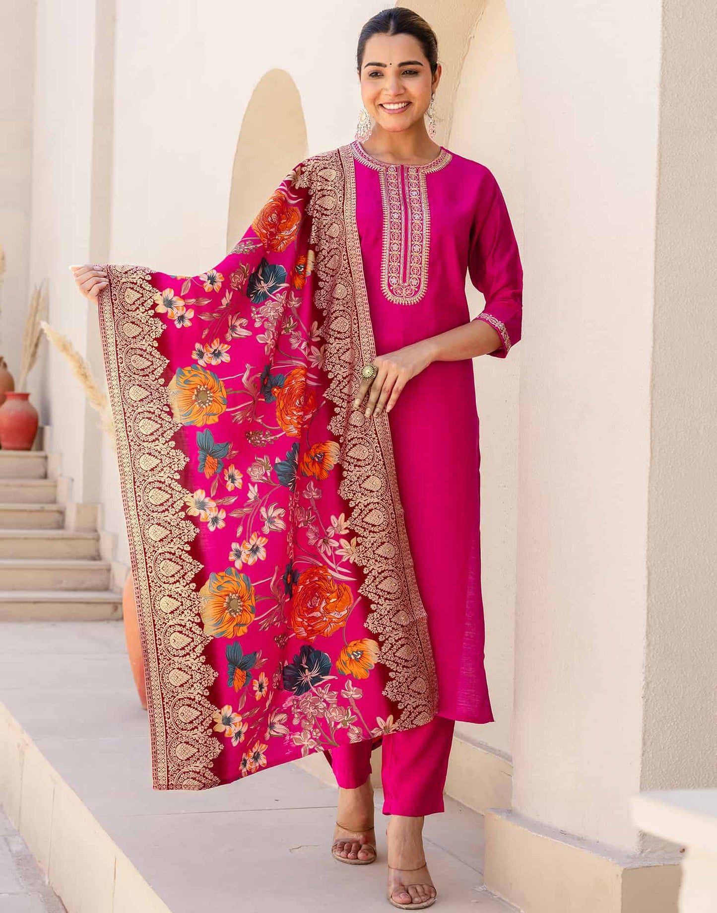 Silk Blend Embroidery and Sequins Work Straight Kurta with Pant & Dupatta