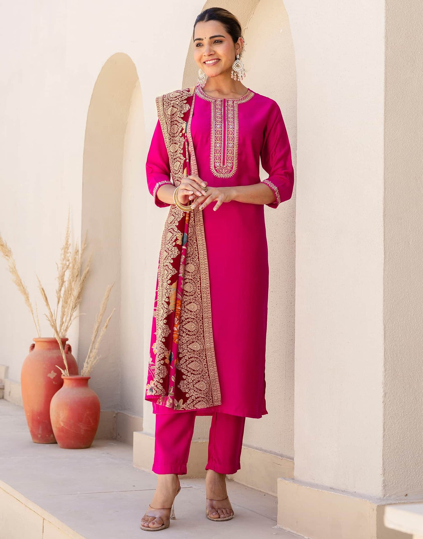 Silk Blend Embroidery and Sequins Work Straight Kurta with Pant & Dupatta