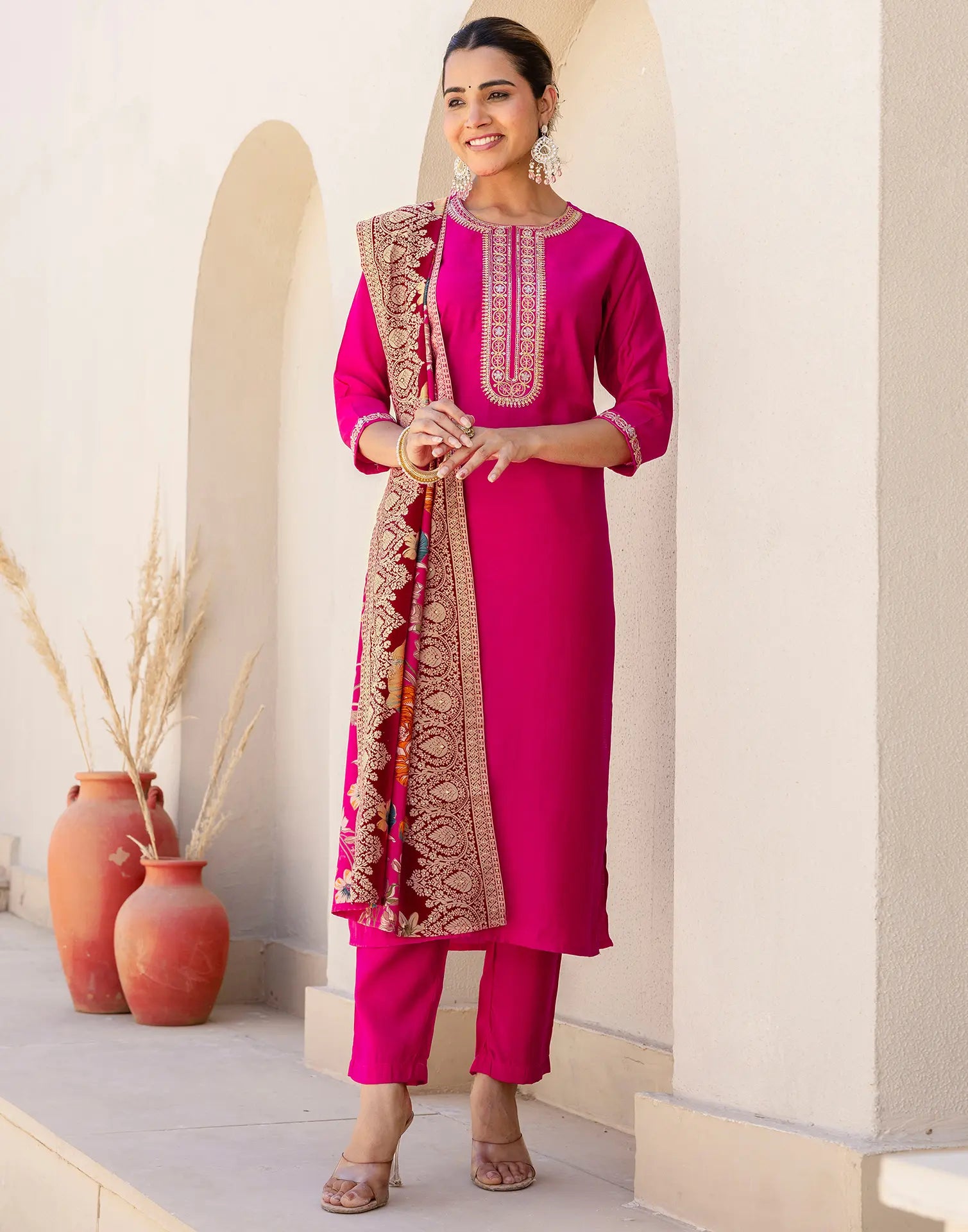 Silk Blend Embroidered Straight 3 Piece Kurta Set