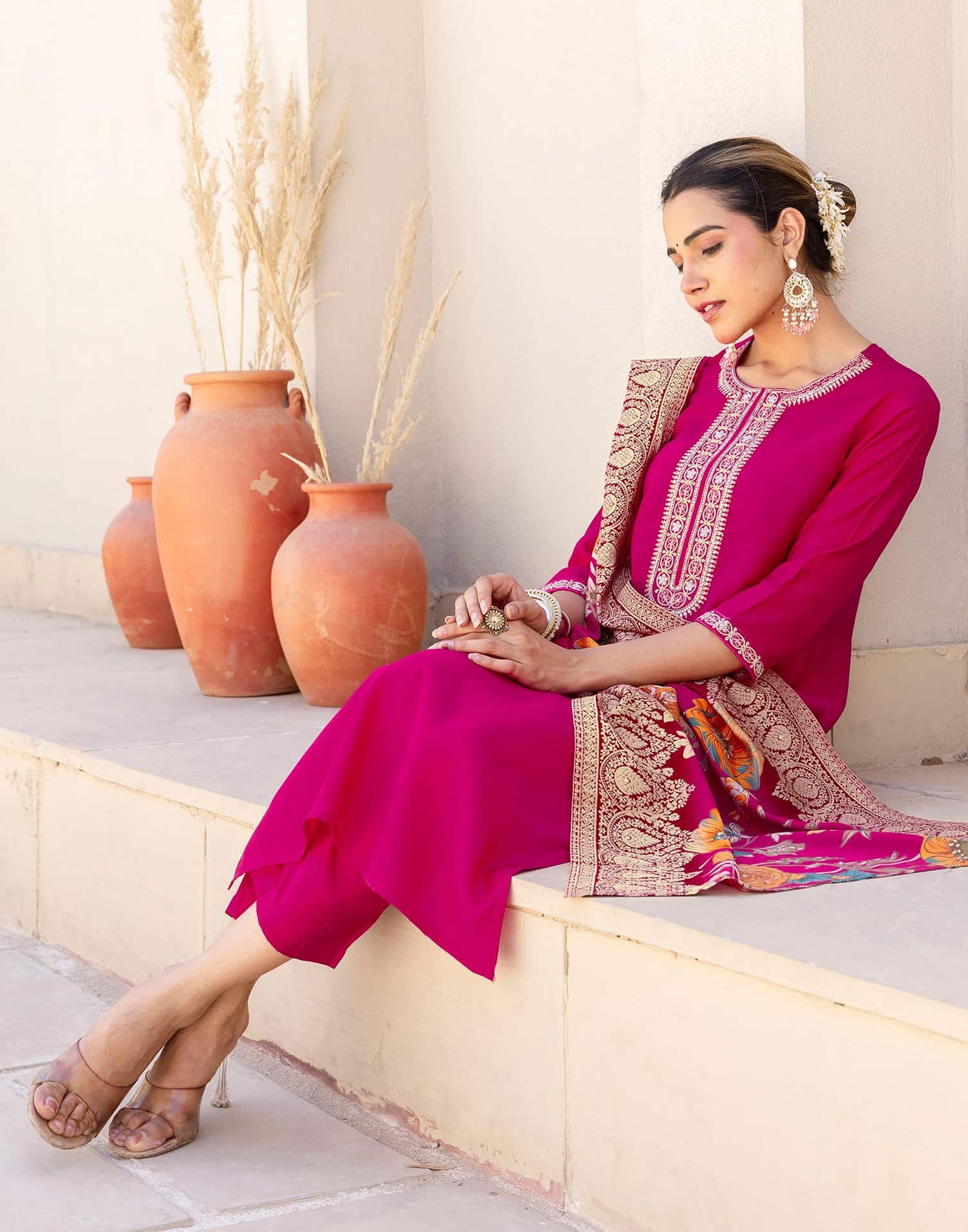 Silk Blend Embroidery and Sequins Work Straight Kurta with Pant & Dupatta