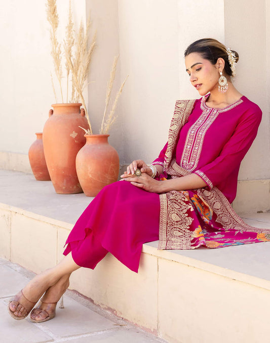 Silk Blend Embroidery and Sequins Work Straight Kurta with Pant & Dupatta