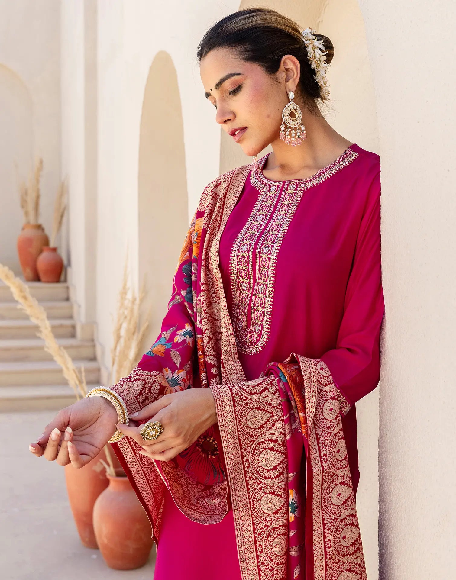 Silk Blend Embroidered Straight 3 Piece Kurta Set
