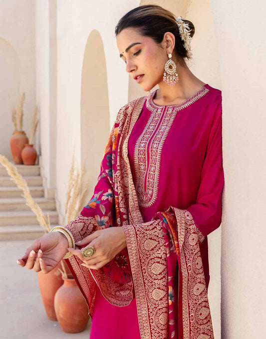 Silk Blend Embroidery and Sequins Work Straight Kurta with Pant & Dupatta