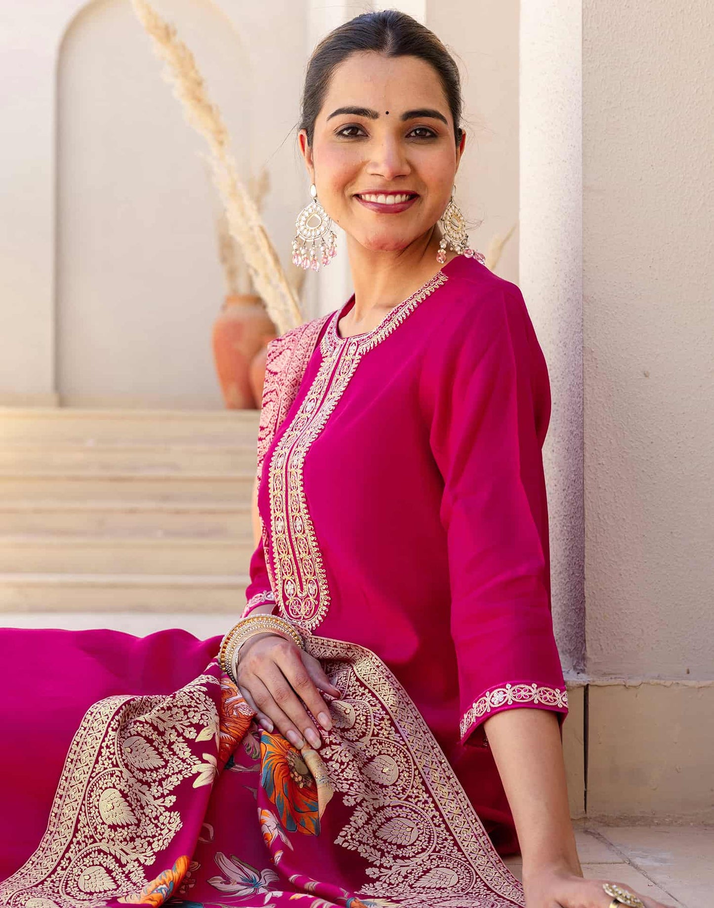 Silk Blend Embroidery and Sequins Work Straight Kurta with Pant & Dupatta