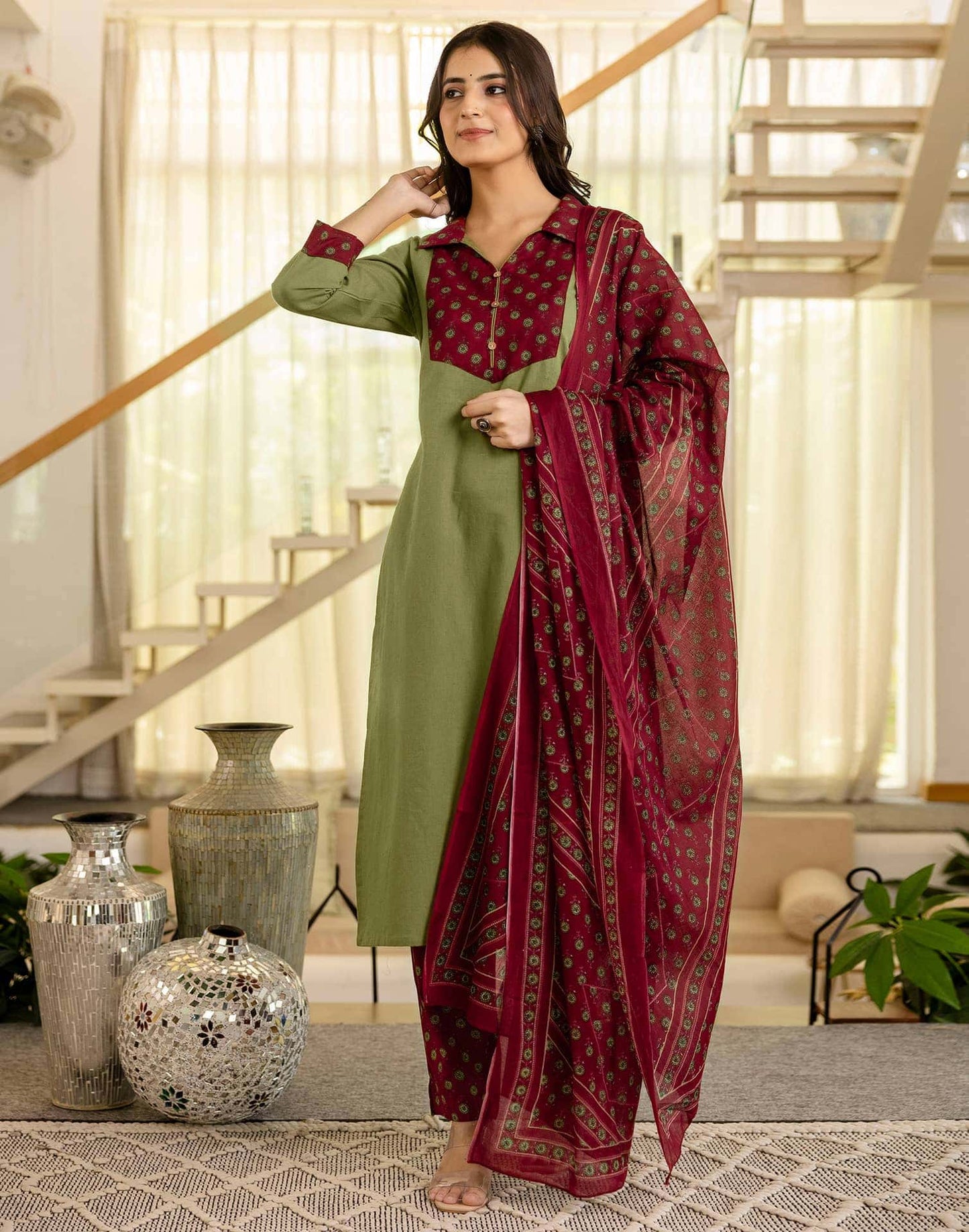 Cotton Dyed, Printed Fabric Lace Straight Kurta with Pant & Dupatta