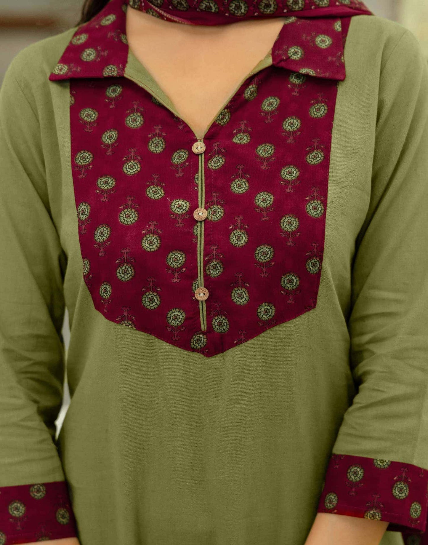 Cotton Dyed, Printed Fabric Lace Straight Kurta with Pant & Dupatta