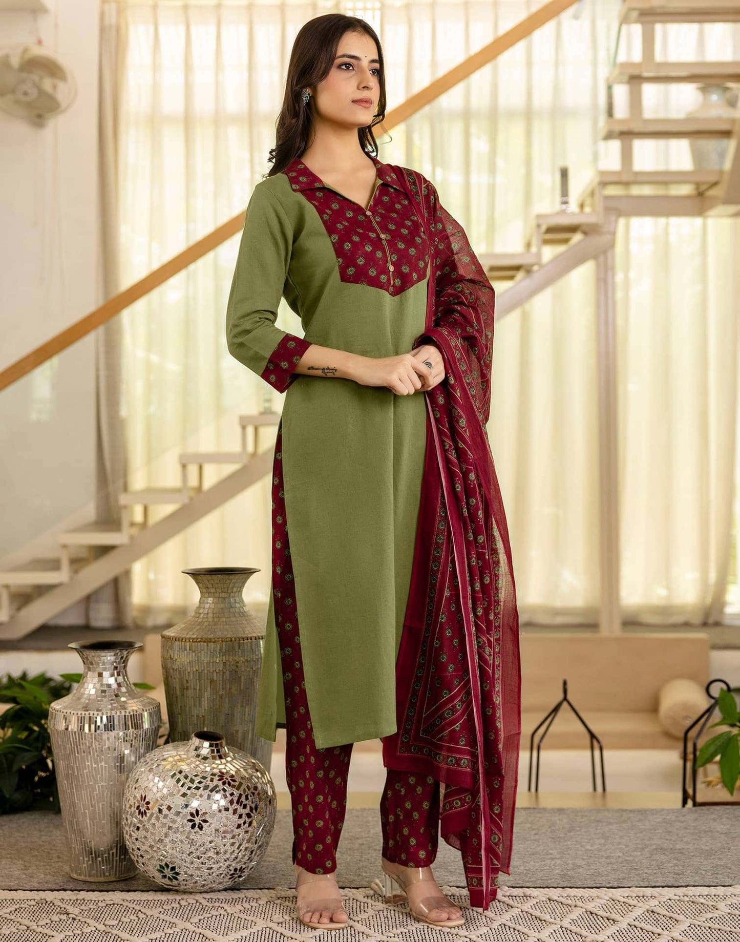 Cotton Dyed, Printed Fabric Lace Straight Kurta with Pant & Dupatta