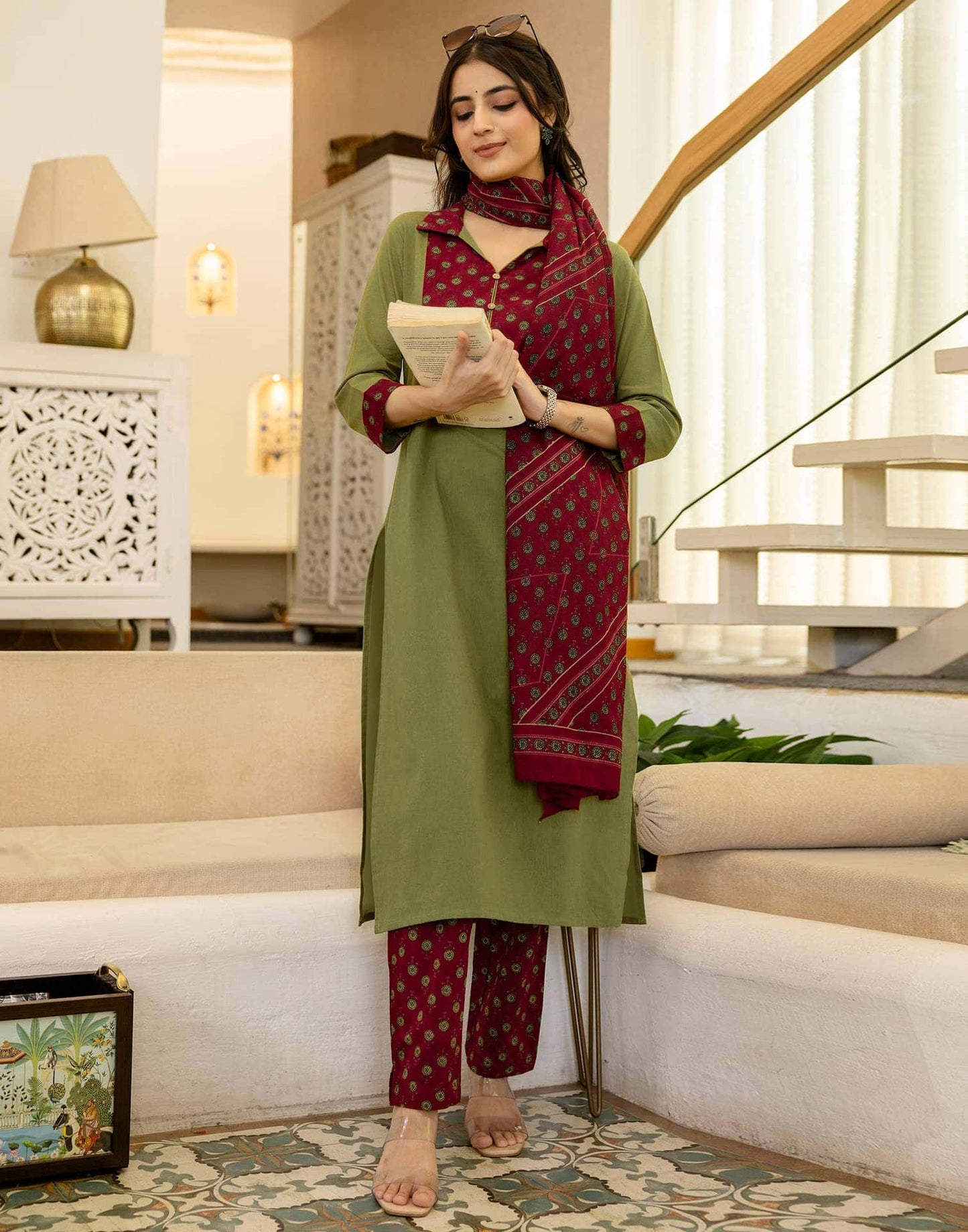 Cotton Dyed, Printed Fabric Lace Straight Kurta with Pant & Dupatta