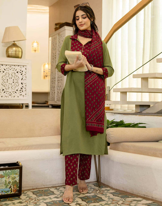 Cotton Dyed, Printed Fabric Lace Straight Kurta with Pant & Dupatta