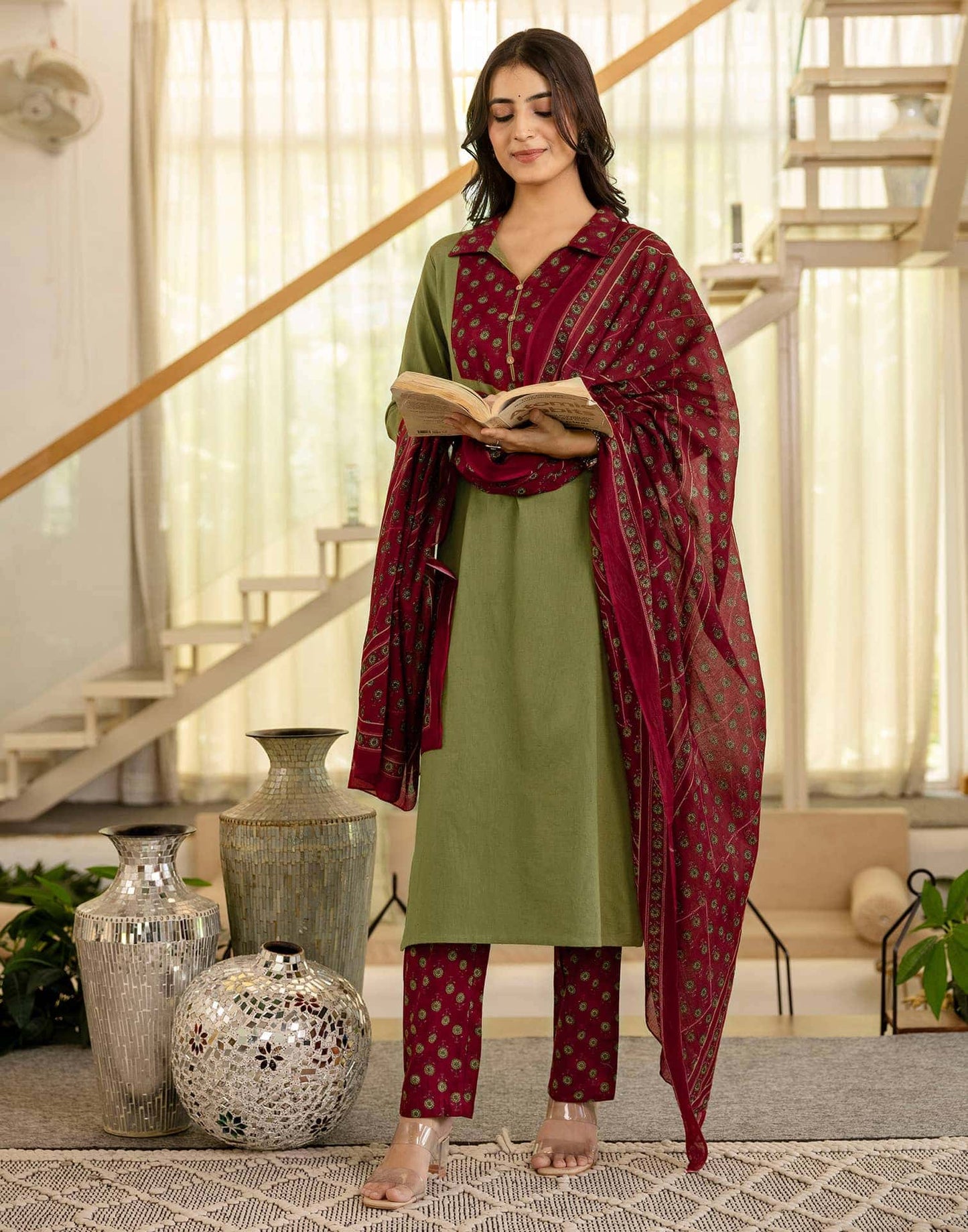 Cotton Dyed, Printed Fabric Lace Straight Kurta with Pant & Dupatta