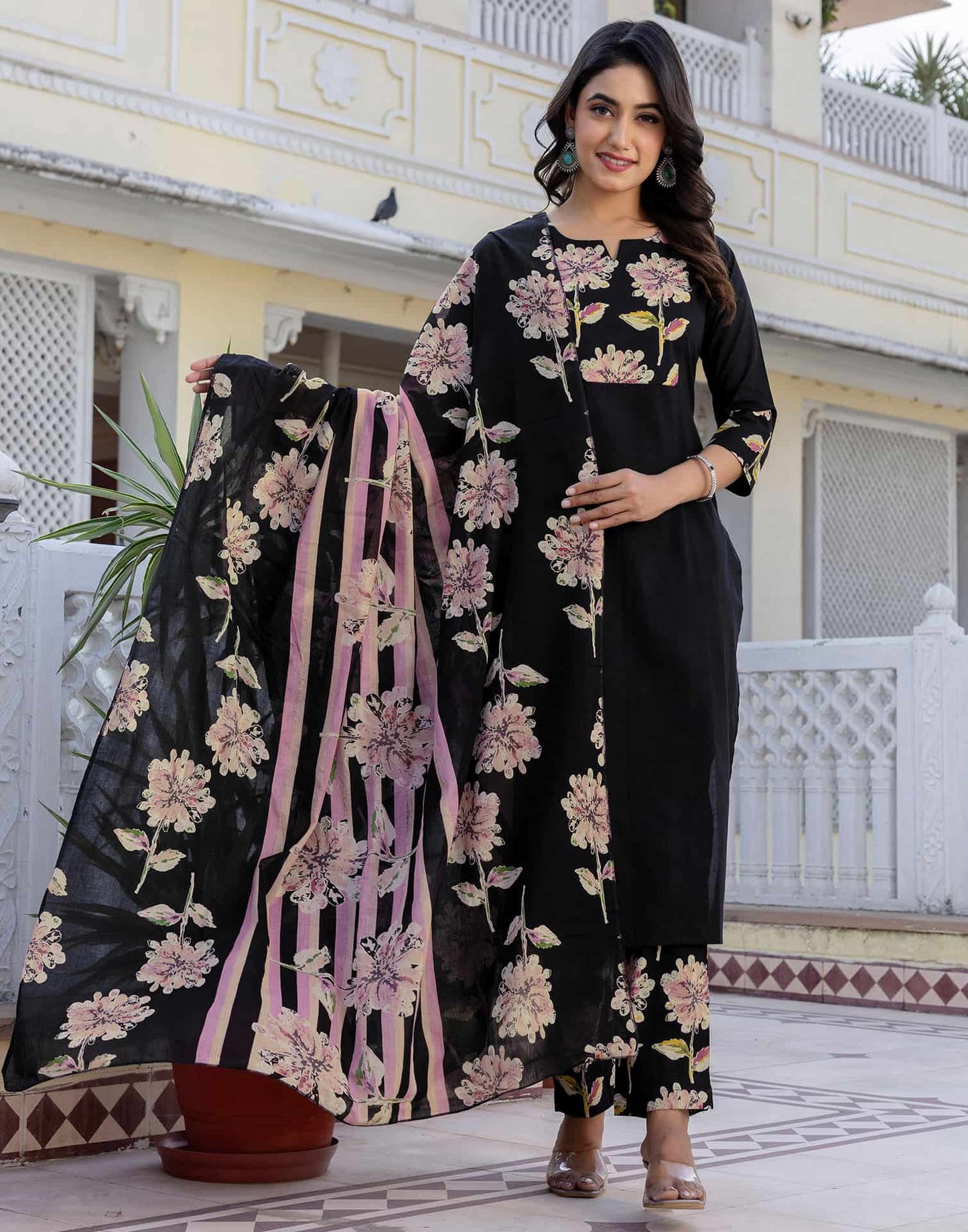 Cotton Floral Printed A-Line Kurta with Pant & Dupatta