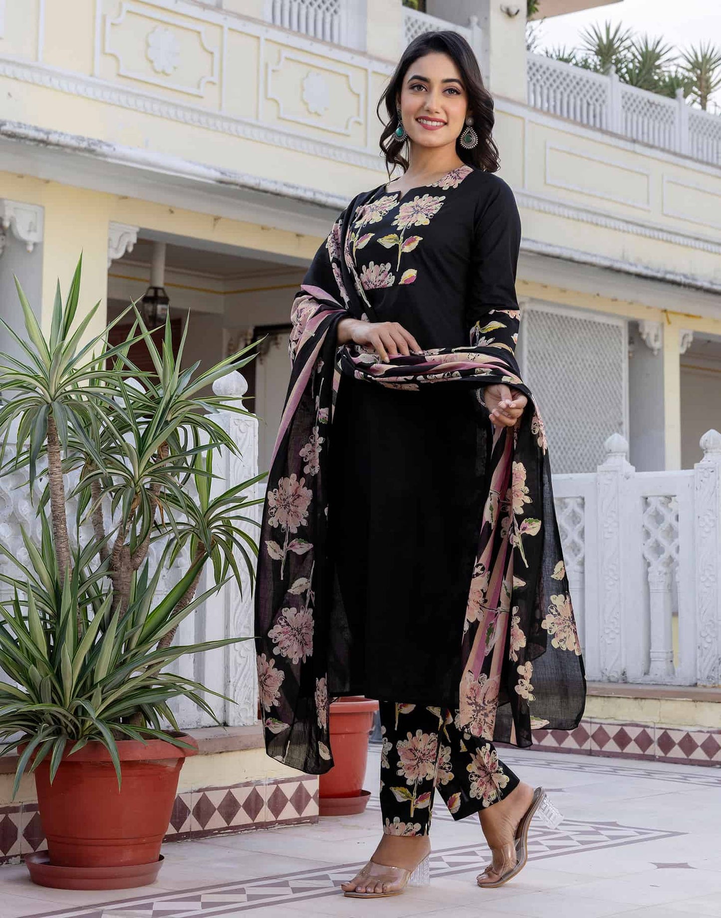 Cotton Floral Printed A-Line Kurta with Pant & Dupatta