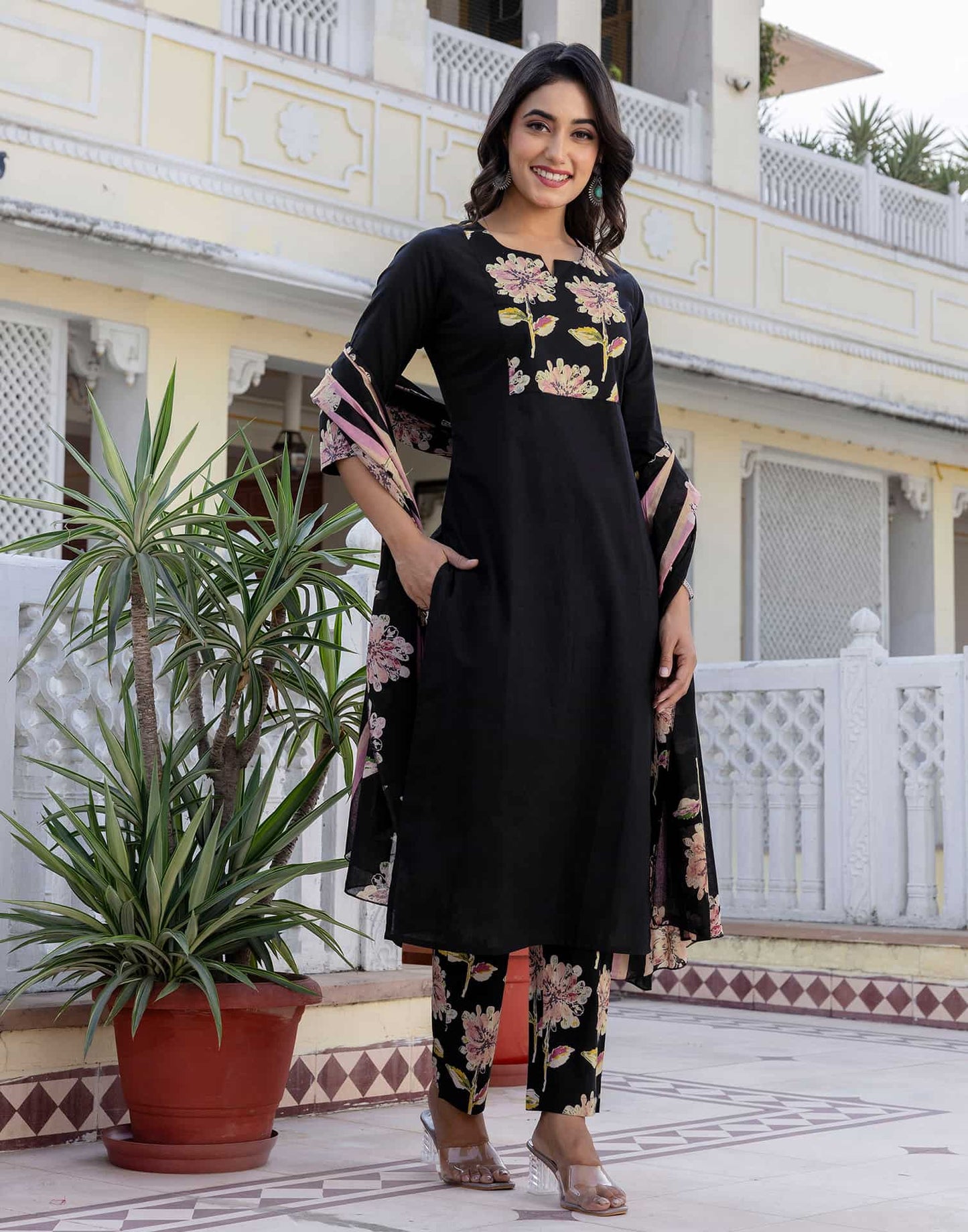 Cotton Floral Printed A-Line Kurta with Pant & Dupatta
