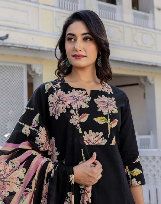 Cotton Floral Printed A-Line Kurta with Pant & Dupatta