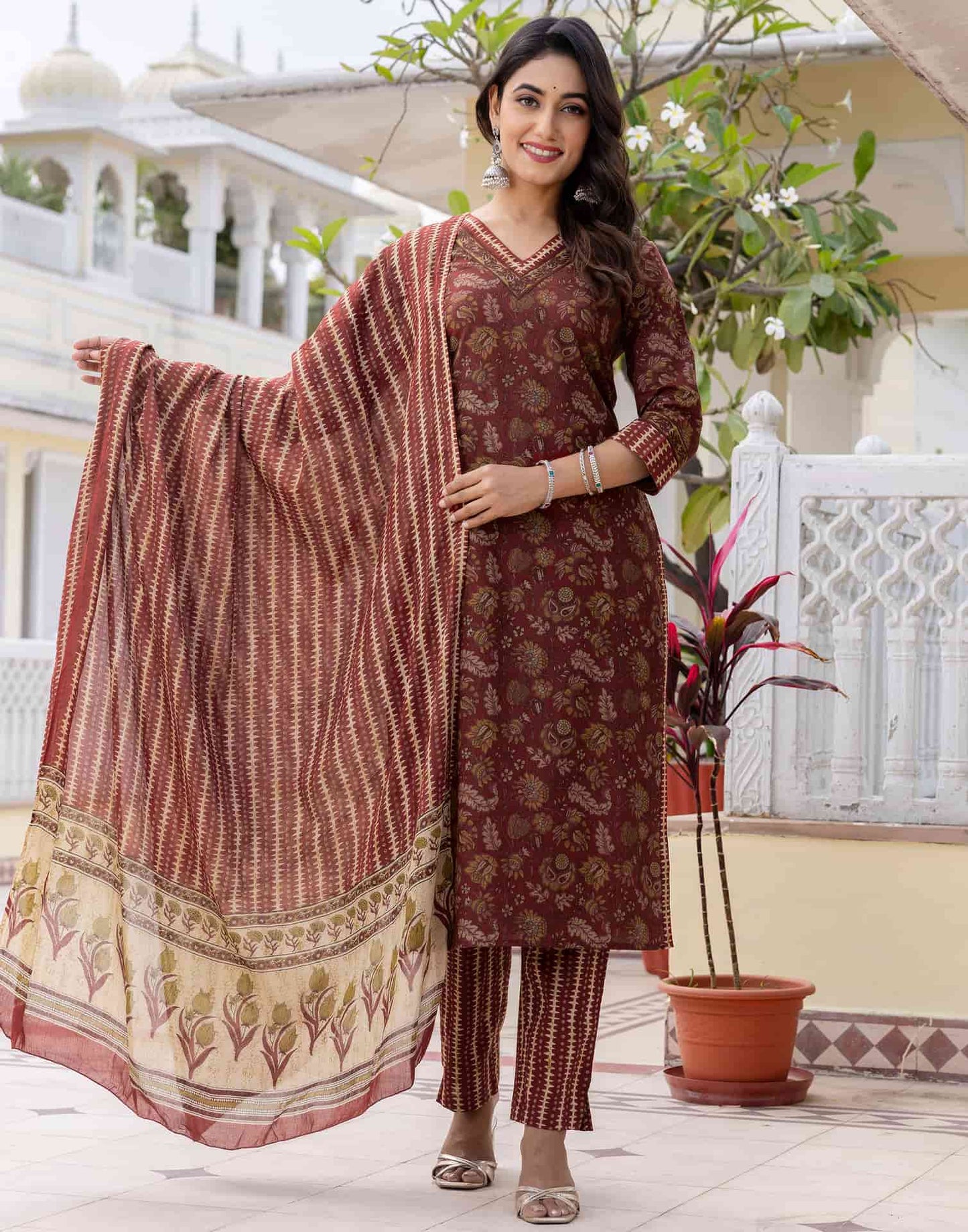 Cotton Printed A-Line Kurta with Pant & Dupatta