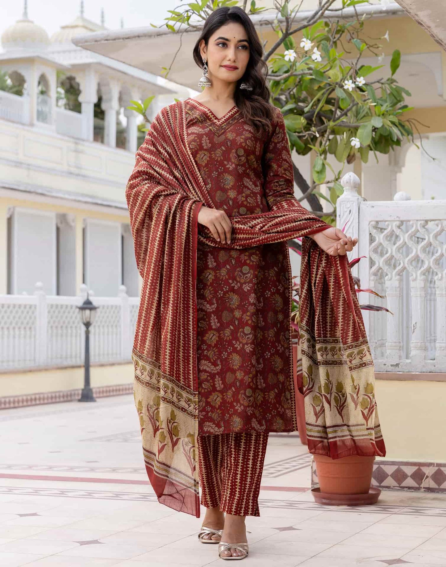 Cotton Printed A-Line Kurta with Pant & Dupatta