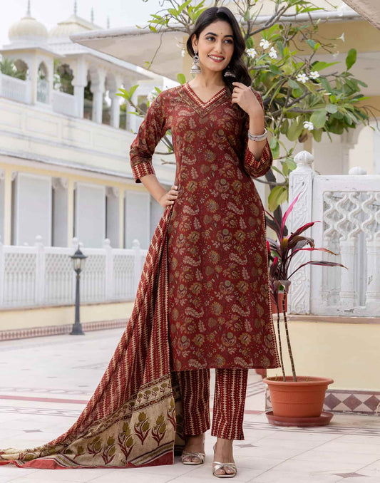 Cotton Printed A-Line Kurta with Pant & Dupatta