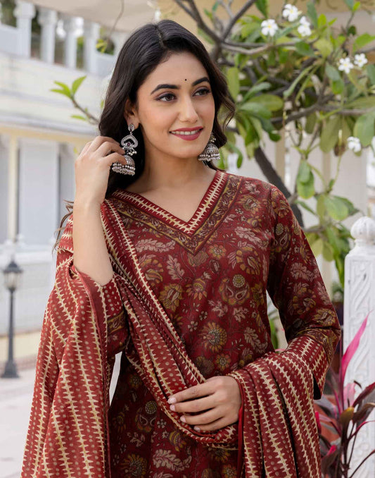 Cotton Printed A-Line Kurta with Pant & Dupatta