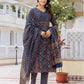 Navy Blue Silk Printed V Neck 3/4 Sleeve Straight Kurta Set With Pant & Dupatta