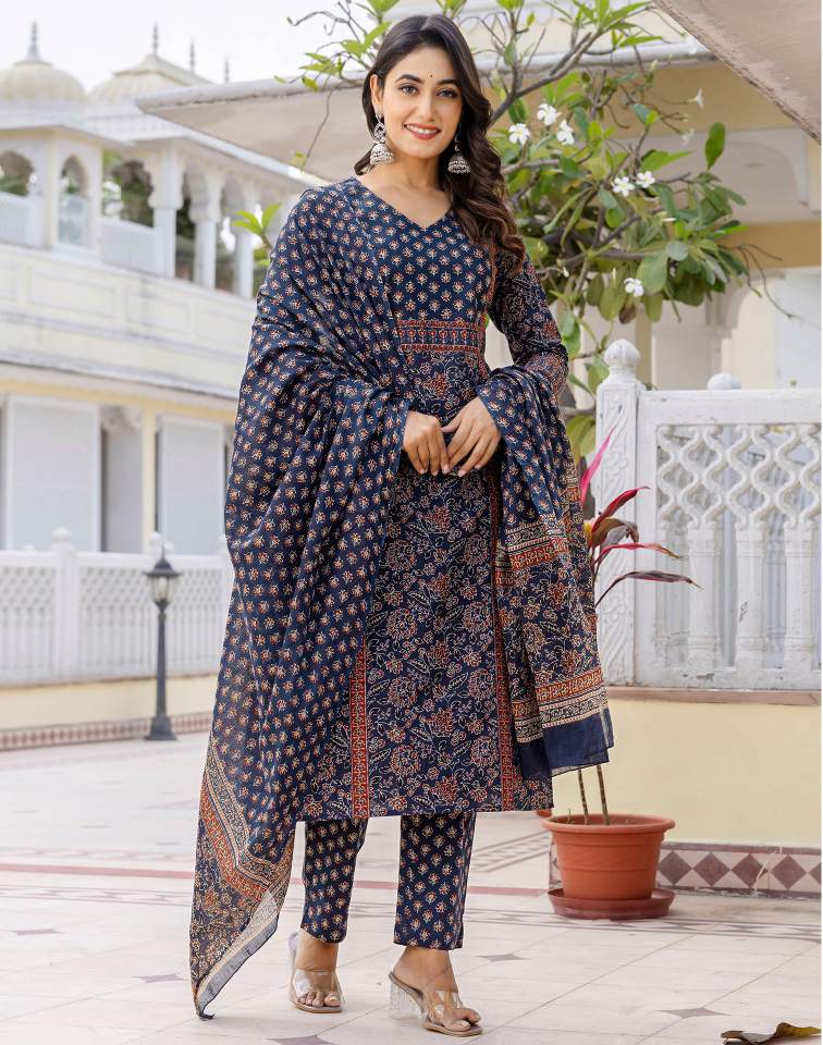 Navy Blue Silk Printed V Neck 3/4 Sleeve Straight Kurta Set With Pant & Dupatta
