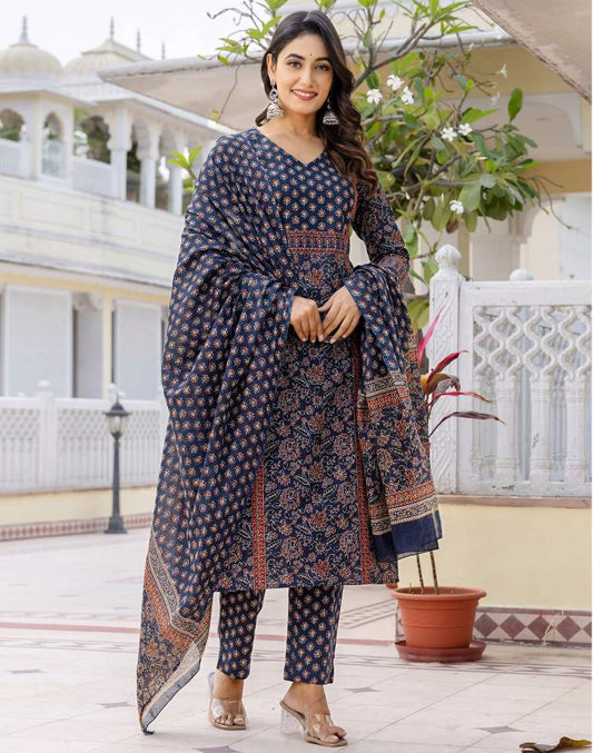 Navy Blue Silk Printed V Neck 3/4 Sleeve Straight Kurta Set With Pant & Dupatta