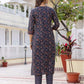 Navy Blue Silk Printed V Neck 3/4 Sleeve Straight Kurta Set With Pant & Dupatta