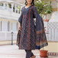 Navy Blue Silk Printed V Neck 3/4 Sleeve Straight Kurta Set With Pant & Dupatta
