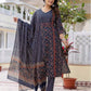 Navy Blue Silk Printed V Neck 3/4 Sleeve Straight Kurta Set With Pant & Dupatta