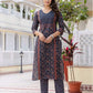 Navy Blue Silk Printed V Neck 3/4 Sleeve Straight Kurta Set With Pant & Dupatta