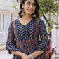 Navy Blue Silk Printed V Neck 3/4 Sleeve Straight Kurta Set With Pant & Dupatta