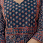 Navy Blue Silk Printed V Neck 3/4 Sleeve Straight Kurta Set With Pant & Dupatta