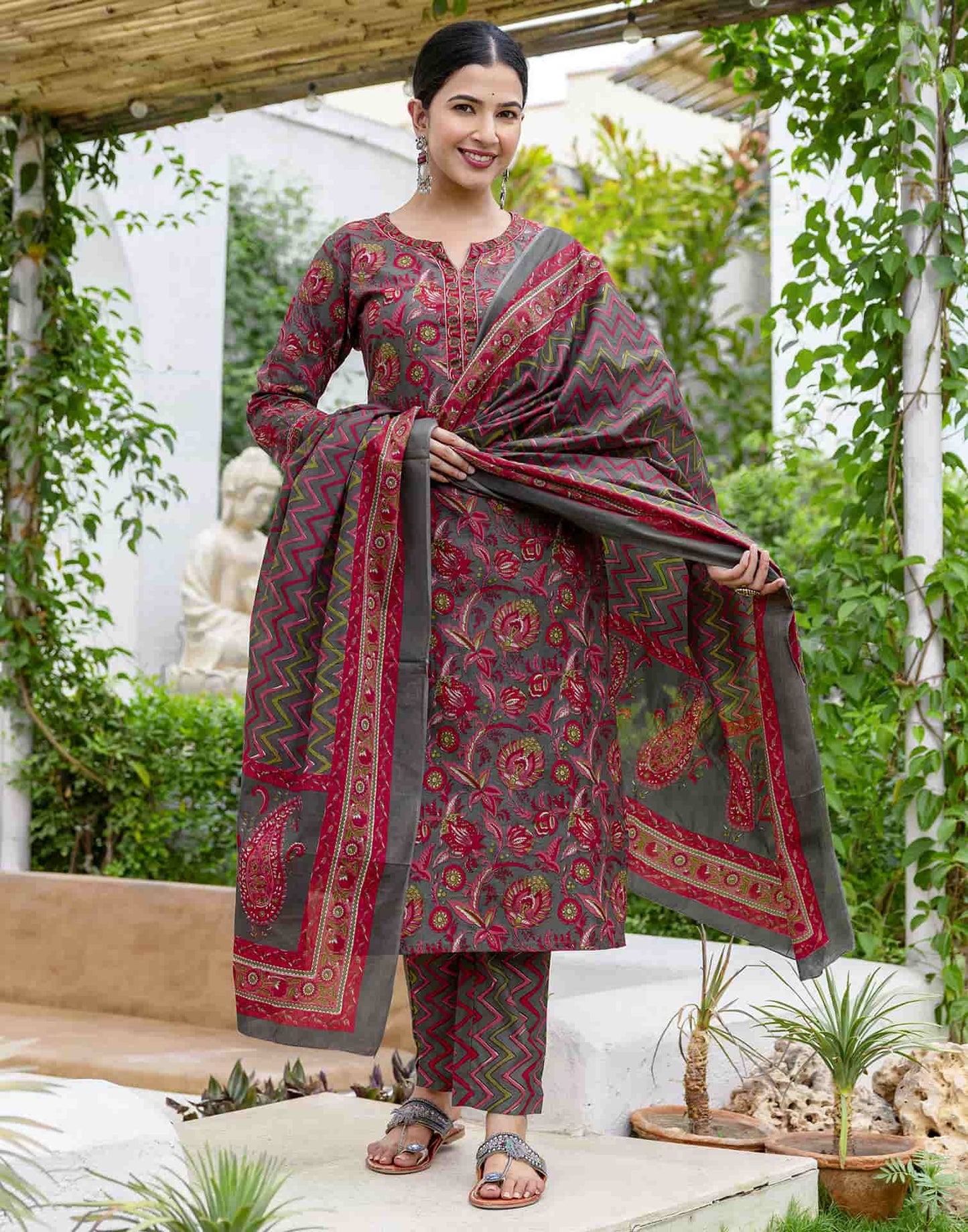 Cotton Printed A-Line Kurta with Pant & Dupatta