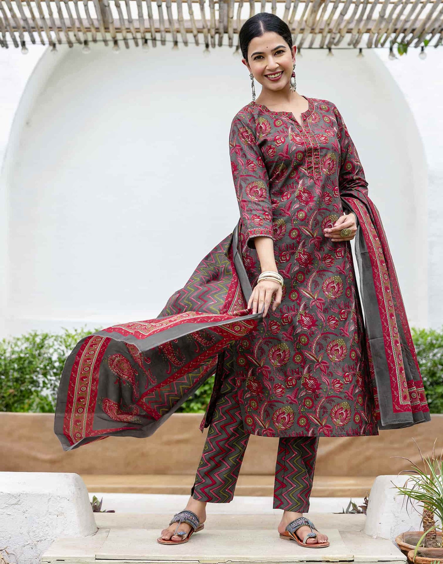 Cotton Printed A-Line Kurta with Pant & Dupatta