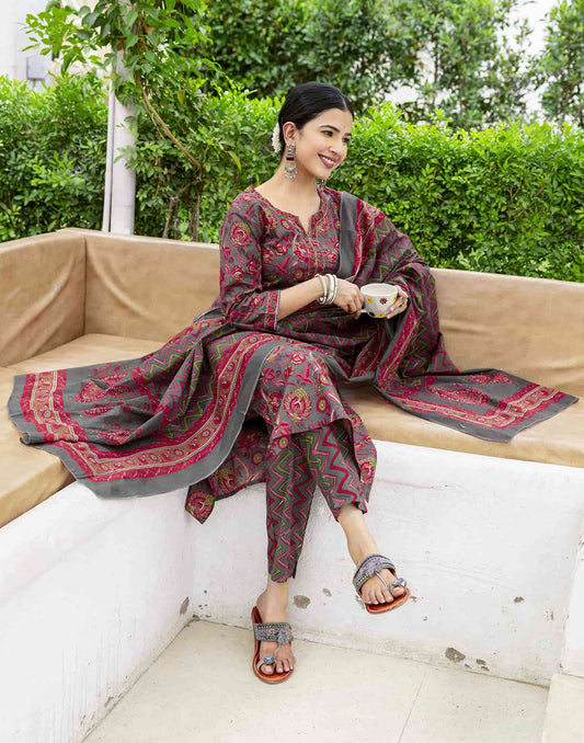 Cotton Printed A-Line Kurta with Pant & Dupatta