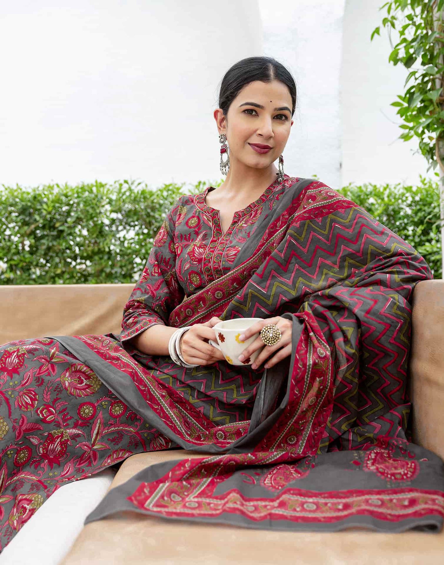 Cotton Printed A-Line Kurta with Pant & Dupatta