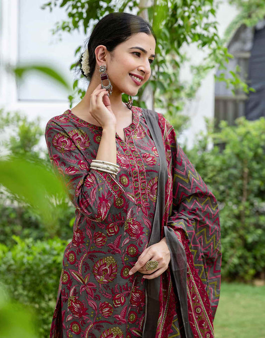 Cotton Printed A-Line Kurta with Pant & Dupatta