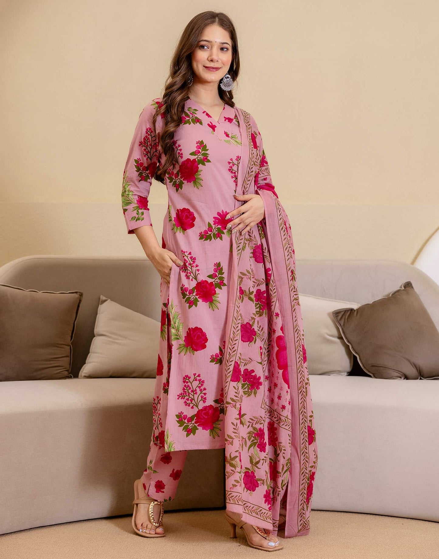 Cotton Printed Straight Kurta with Pant & Dupatta