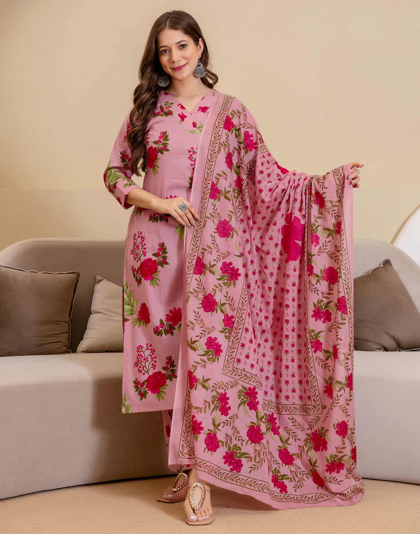 Cotton Printed Straight Kurta with Pant & Dupatta